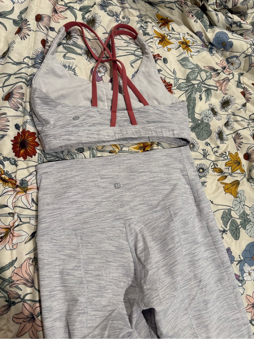 Lululemon Gray Heather Sports Bra & High-Waist Leggings Set with Pink Straps - Picture 2 of 3